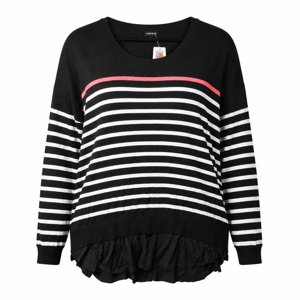 Torrid 1 Sweater Womens 1X Black Striped Layered Preppy Lagenlook Stretch Coral